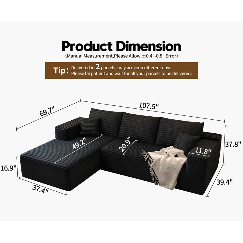 107.5"Cloud Modular Sectional Sofa Couch with L-Shape Chaise,Modern Minimalist Upholstered Couches for Living Room Bedroom,Deep Seat Corner Couch, No Assembly Required