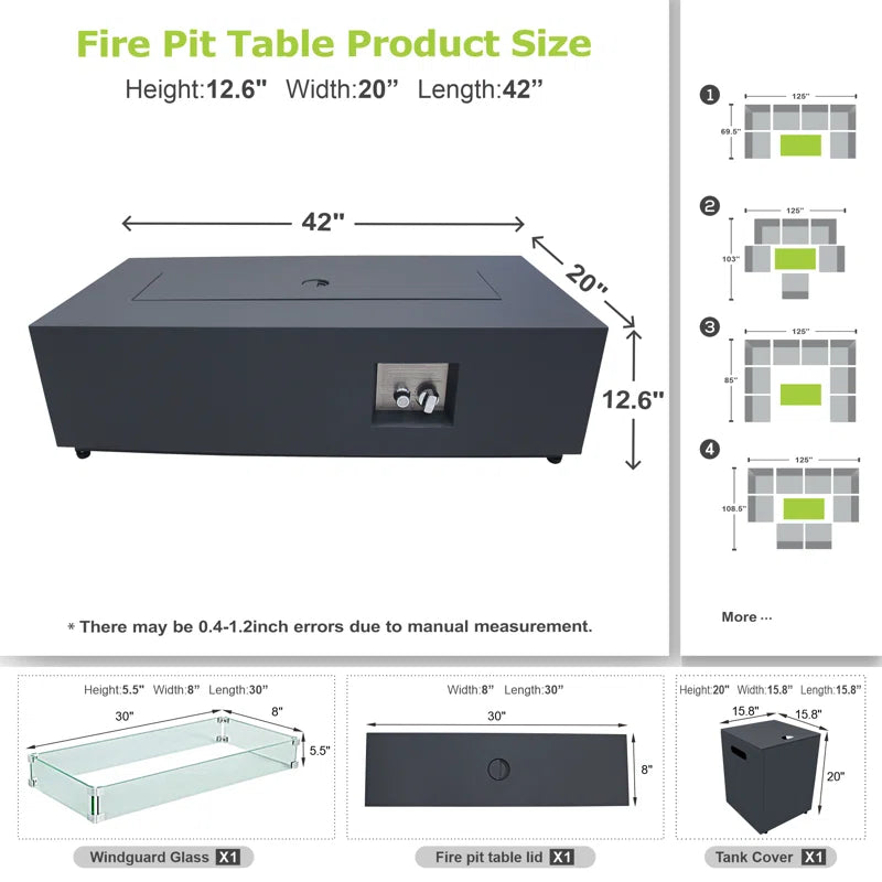 12.6’’ H X 42’’ W Metal Propane Outdoor Gas Fire Pit Table With Golden Light