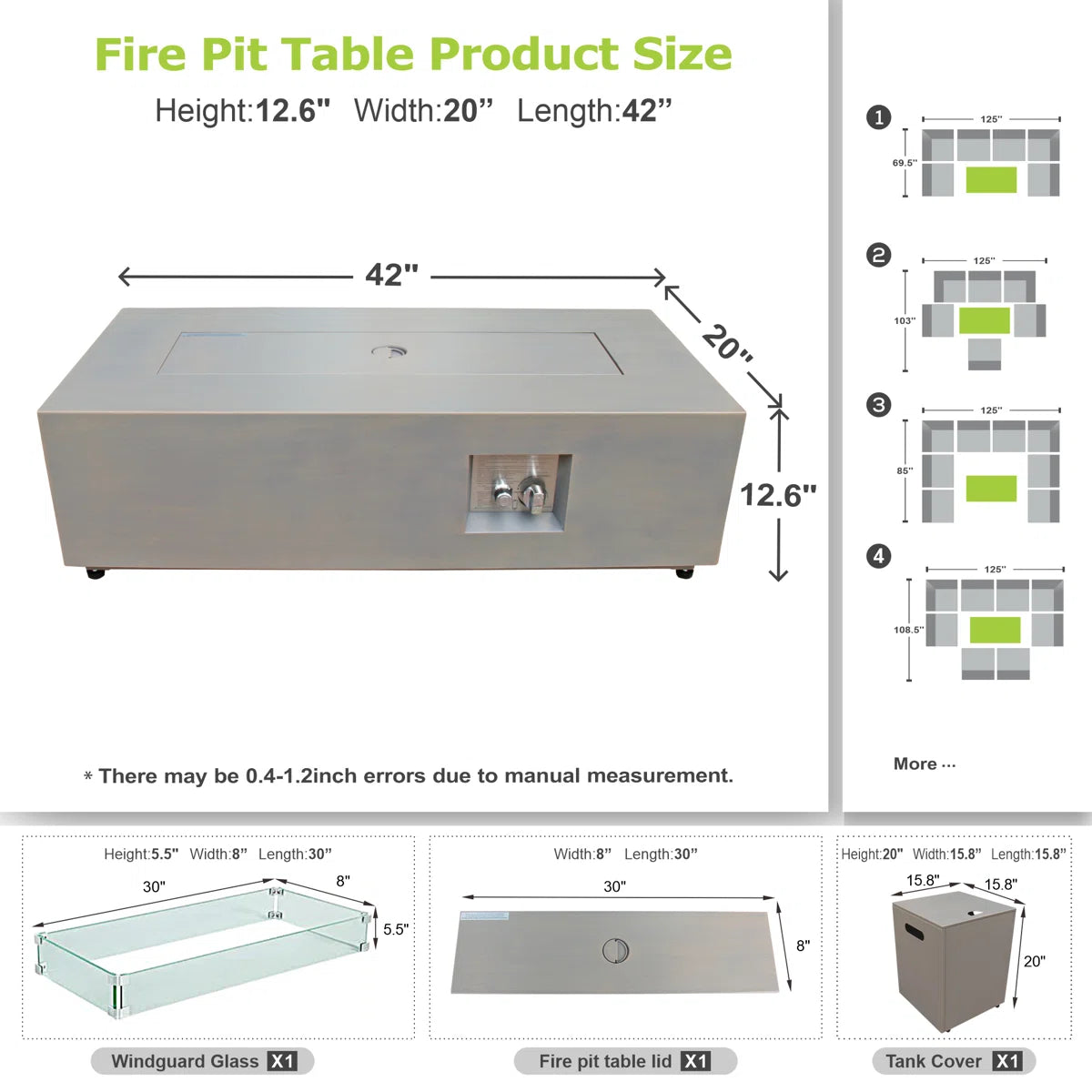 12.6’’ H X 42’’ W Metal Propane Outdoor Gas Fire Pit Table With Golden Light