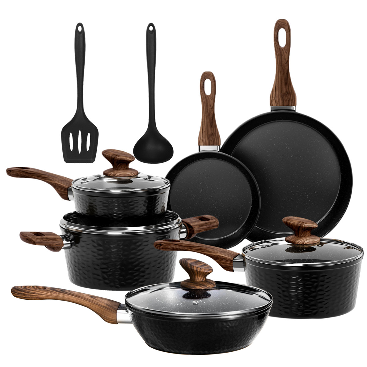 12 Piece Black Hammered Granite Nonstick Kitchen Cookware Induction Pots And Pans Sets