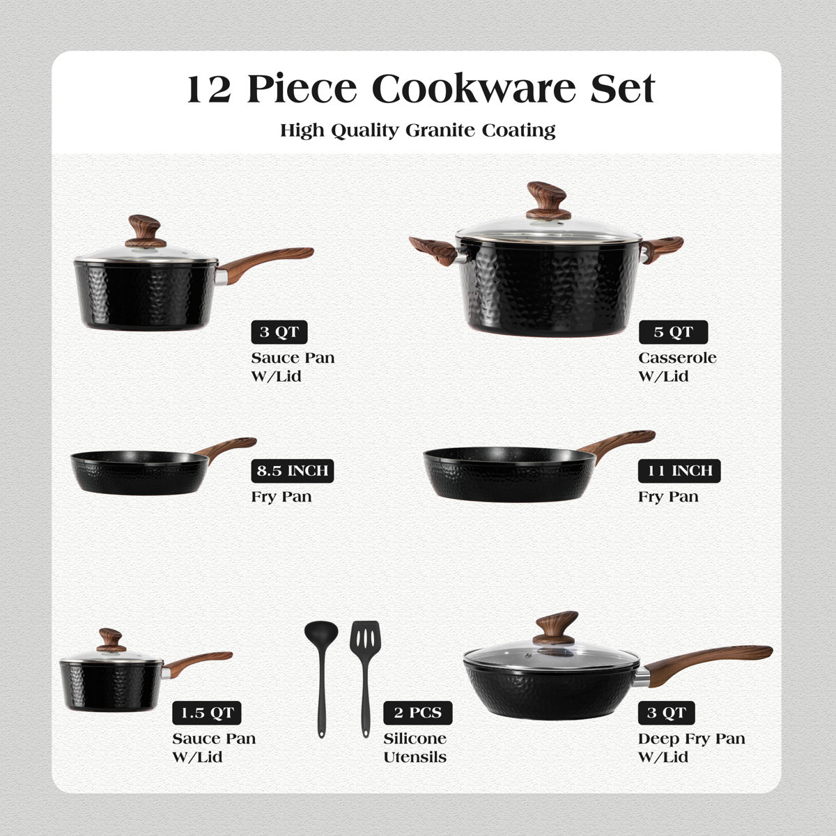 12 Piece Black Hammered Granite Nonstick Kitchen Cookware Induction Pots And Pans Sets