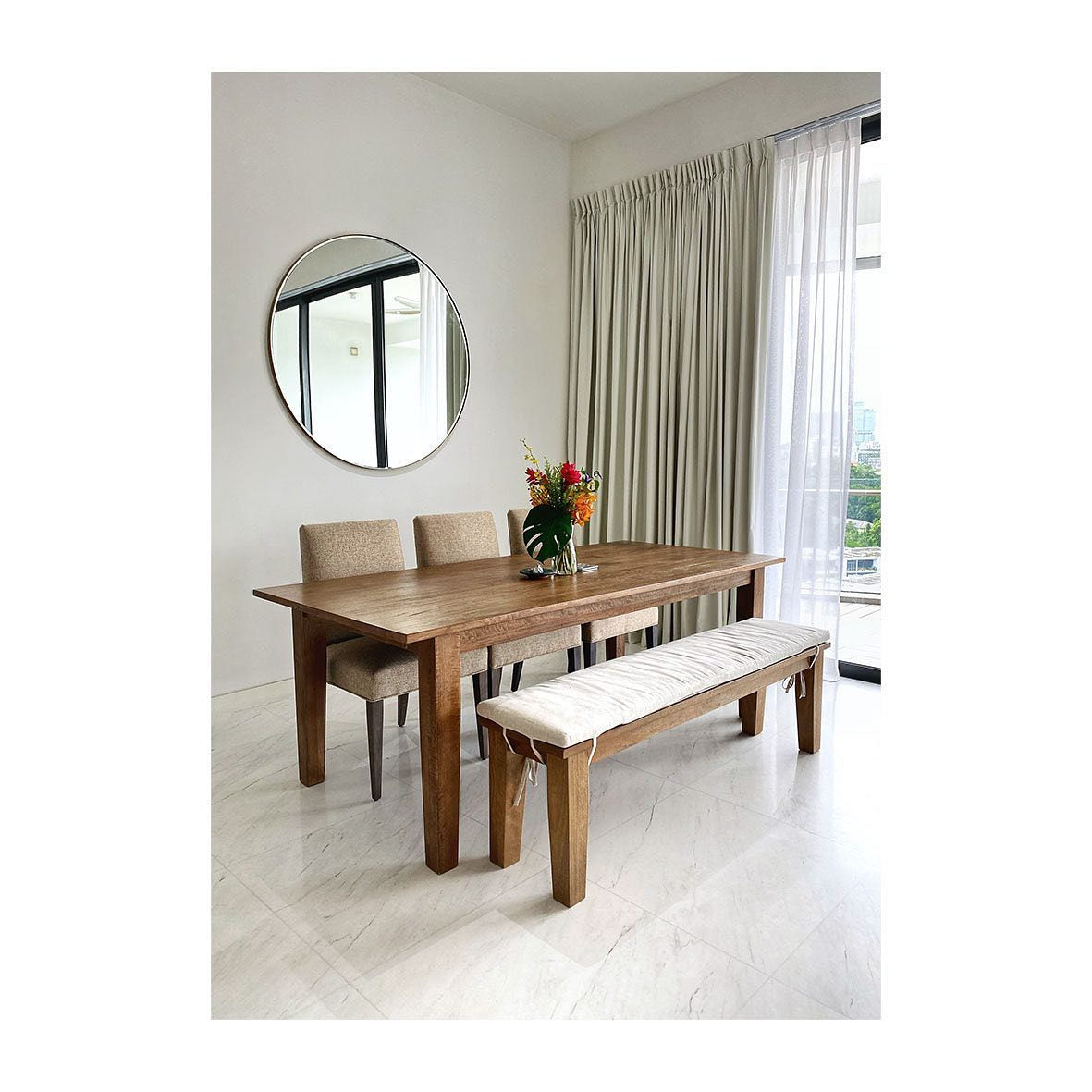 Basque Light Brown Wood Bench with Natural Cushion