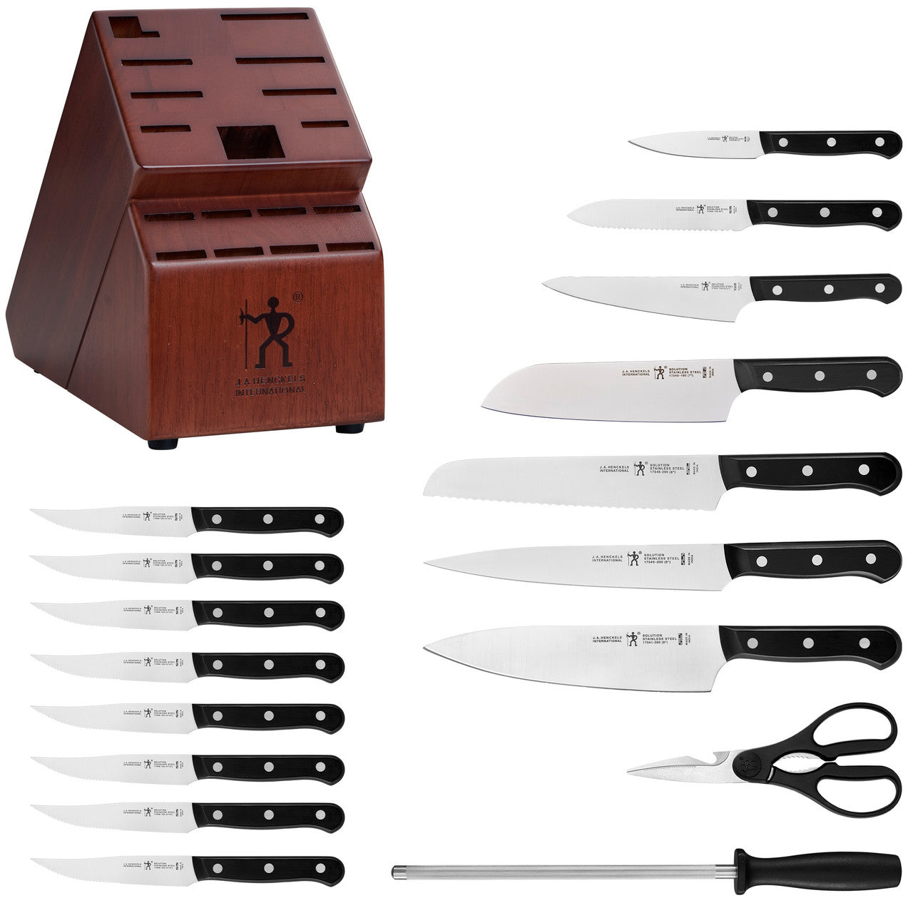 Henckels Solution 18-pc Knife block set, Chef Knife, Steak Knife, Utility Knife, Dark Brown, Stainless Steel