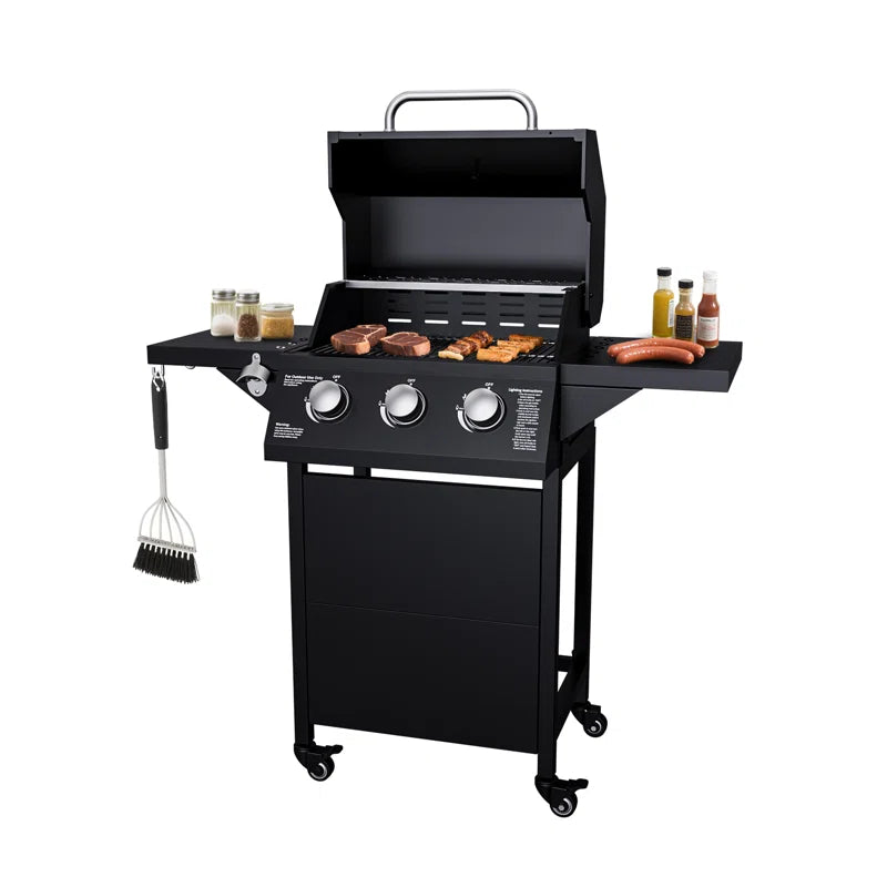 3-burner Outdoor Bbq Propane Gas Grill, 30000 Btu, Portable Outdoor Gas Grill With Foldable Side Shelves, Built-in Thermometer, Easy Assembly For Backyard, Camping And Tailgating