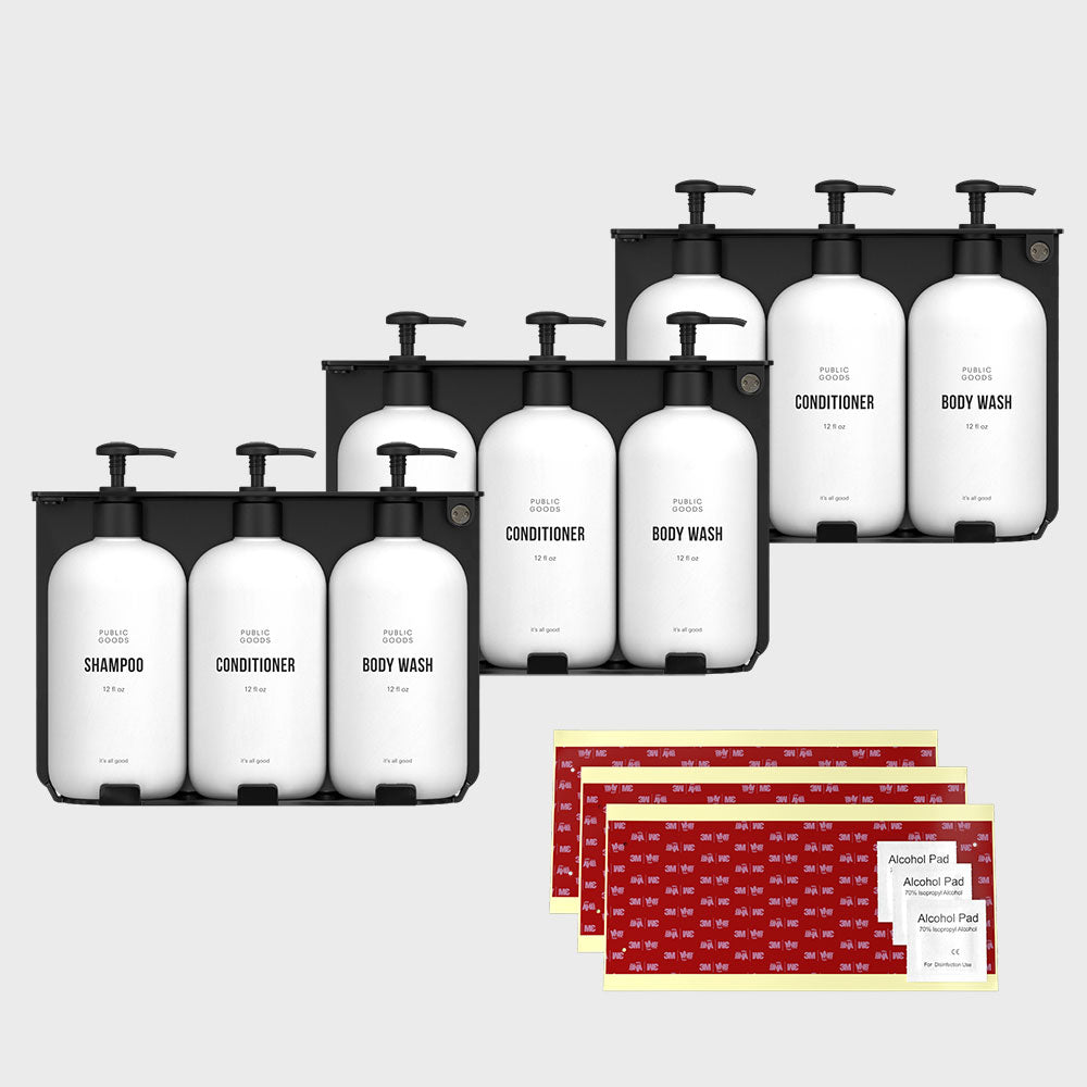 3 Locking Bottle Holders with Shampoo, Conditioner & Body Wash Bottles & Mounting Kit