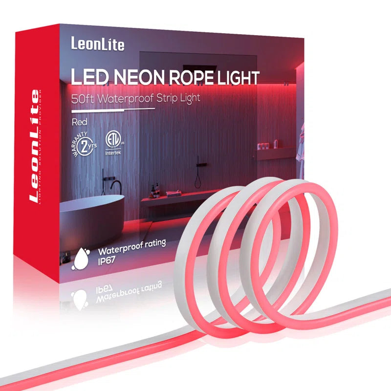 50FT LED Rope Lights Outdoor, IP67 Waterproof, AC 120V LED Strip Lights, UL Plug&Play