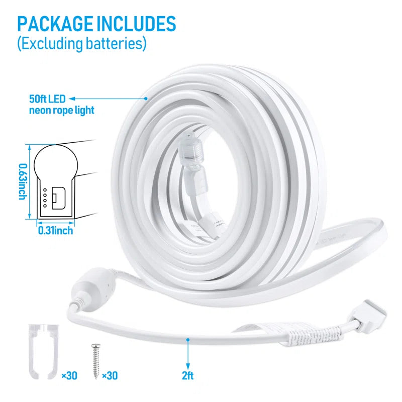 50FT LED Rope Lights Outdoor, IP67 Waterproof, AC 120V LED Strip Lights, UL Plug&Play