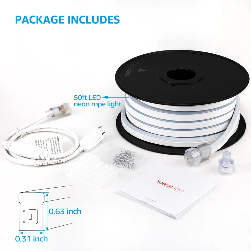 50FT LED Rope Lights Outdoor, IP67 Waterproof, AC 120V LED Strip Lights, UL Plug&Play