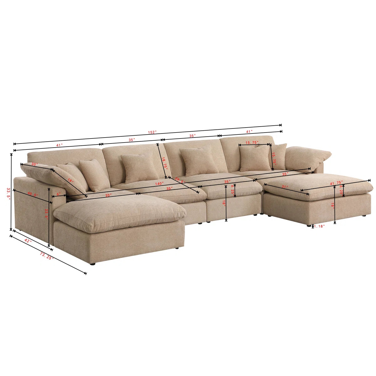 6 - Piece 155.7" U Shape Sectional Sofa Cloud Couch With Removable Ottomans
