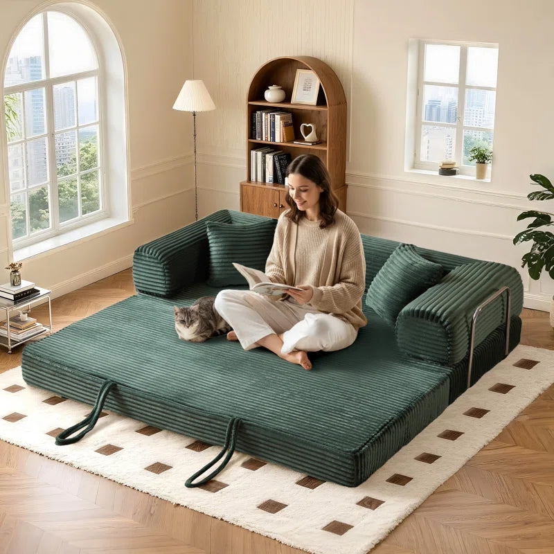 78" King Size Convertible Sleeper Sofa Bed With 2 Pillows, Corduroy Folding Mattress Couch, No Assembly Required , Floor Sofa Lounge Couch For Living Room Small Spaces