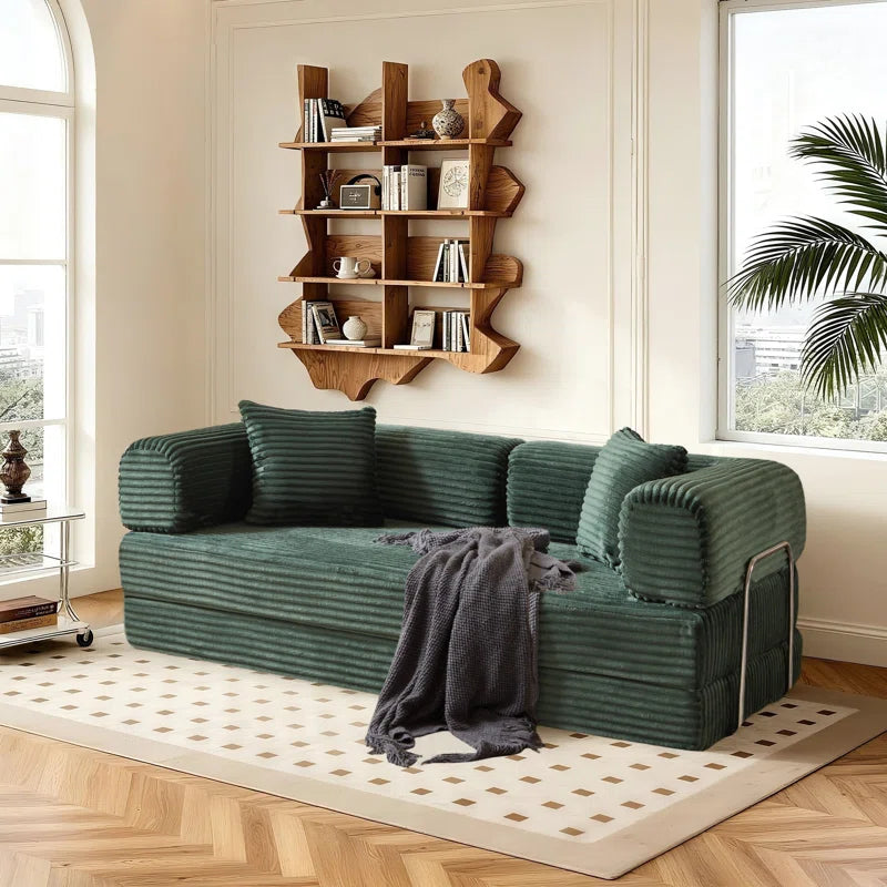 78" King Size Convertible Sleeper Sofa Bed With 2 Pillows, Corduroy Folding Mattress Couch, No Assembly Required , Floor Sofa Lounge Couch For Living Room Small Spaces