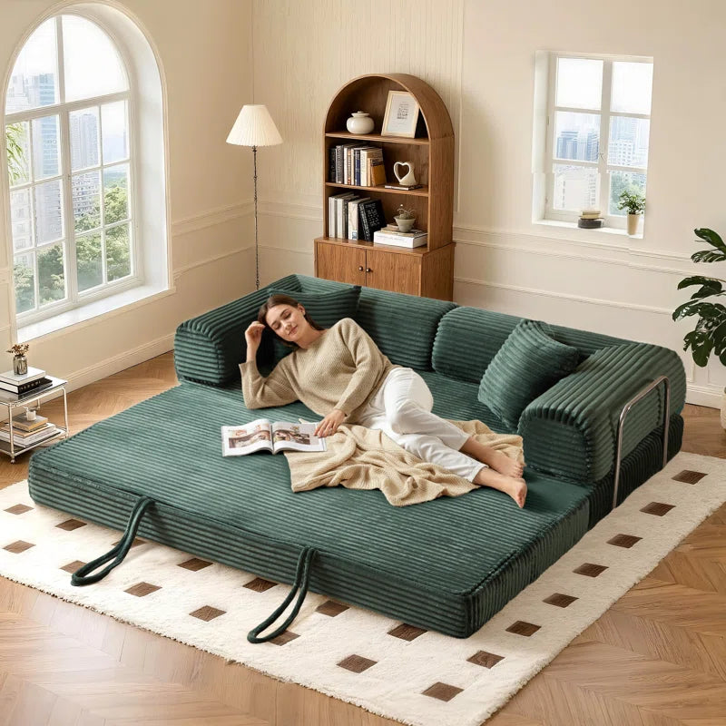 78" King Size Convertible Sleeper Sofa Bed With 2 Pillows, Corduroy Folding Mattress Couch, No Assembly Required , Floor Sofa Lounge Couch For Living Room Small Spaces