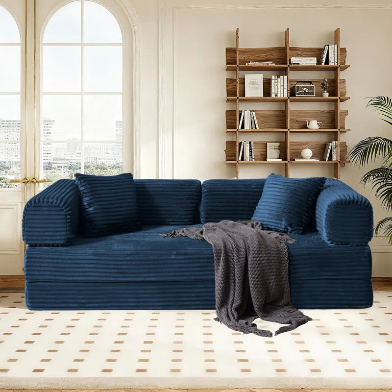 78" King Size Convertible Sleeper Sofa Bed With 2 Pillows, Corduroy Folding Mattress Couch, No Assembly Required , Floor Sofa Lounge Couch For Living Room Small Spaces