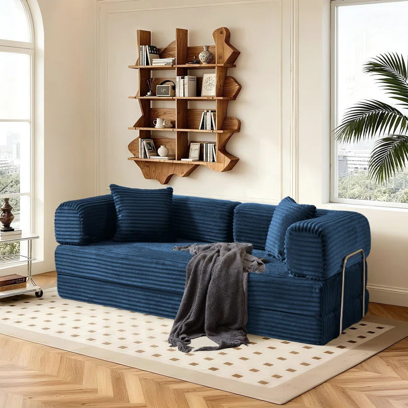 78" King Size Convertible Sleeper Sofa Bed With 2 Pillows, Corduroy Folding Mattress Couch, No Assembly Required , Floor Sofa Lounge Couch For Living Room Small Spaces