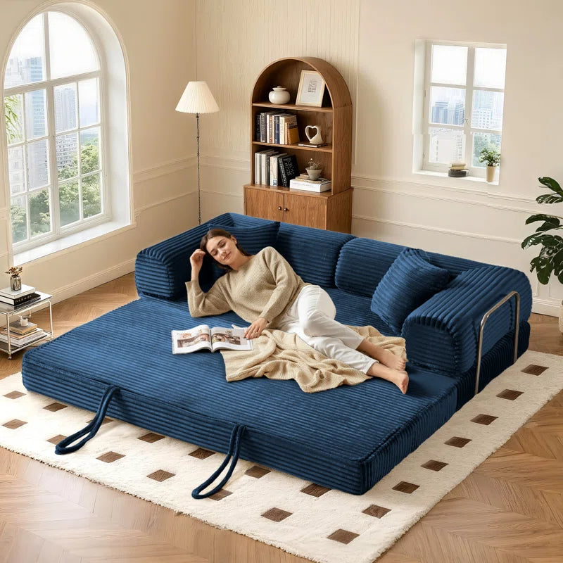 78" King Size Convertible Sleeper Sofa Bed With 2 Pillows, Corduroy Folding Mattress Couch, No Assembly Required , Floor Sofa Lounge Couch For Living Room Small Spaces