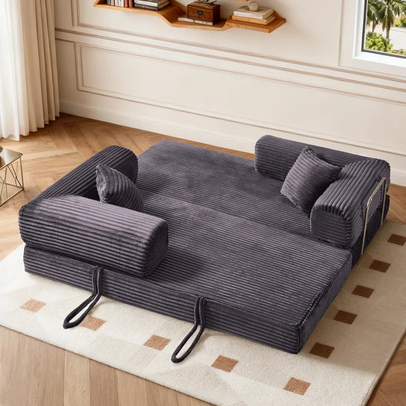 78" King Size Convertible Sleeper Sofa Bed With 2 Pillows, Corduroy Folding Mattress Couch, No Assembly Required , Floor Sofa Lounge Couch For Living Room Small Spaces