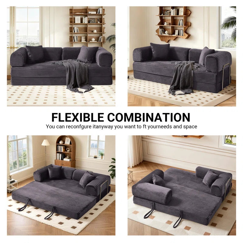 78" King Size Convertible Sleeper Sofa Bed With 2 Pillows, Corduroy Folding Mattress Couch, No Assembly Required , Floor Sofa Lounge Couch For Living Room Small Spaces