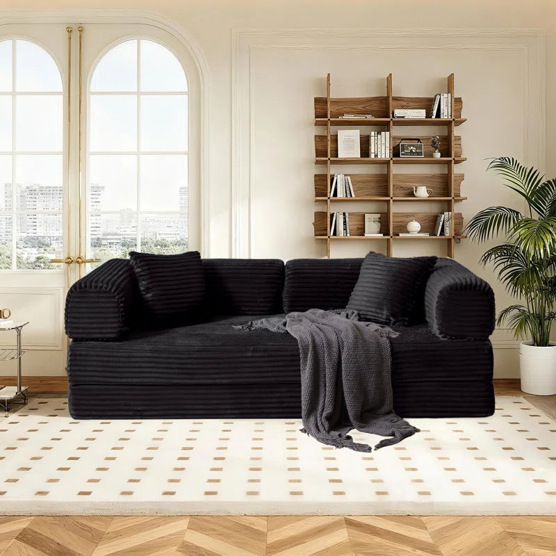 78" King Size Convertible Sleeper Sofa Bed With 2 Pillows, Corduroy Folding Mattress Couch, No Assembly Required , Floor Sofa Lounge Couch For Living Room Small Spaces