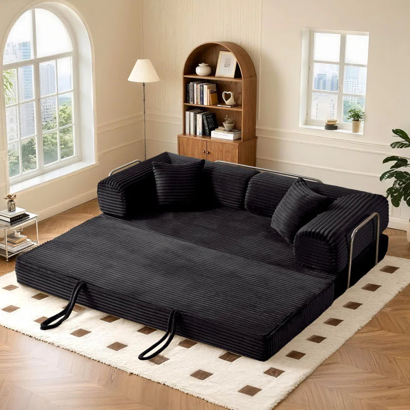 78" King Size Convertible Sleeper Sofa Bed With 2 Pillows, Corduroy Folding Mattress Couch, No Assembly Required , Floor Sofa Lounge Couch For Living Room Small Spaces
