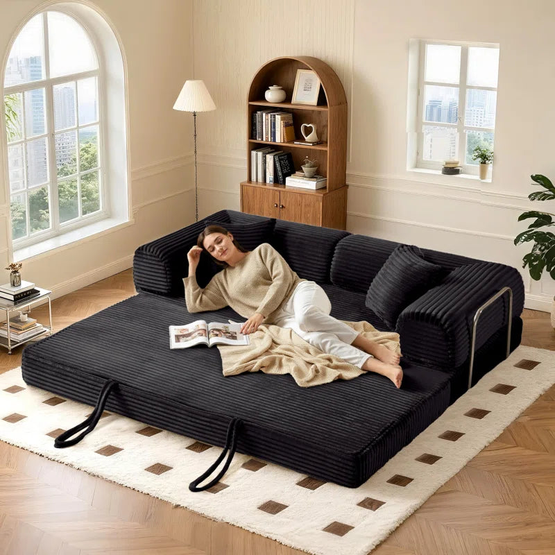 78" King Size Convertible Sleeper Sofa Bed With 2 Pillows, Corduroy Folding Mattress Couch, No Assembly Required , Floor Sofa Lounge Couch For Living Room Small Spaces