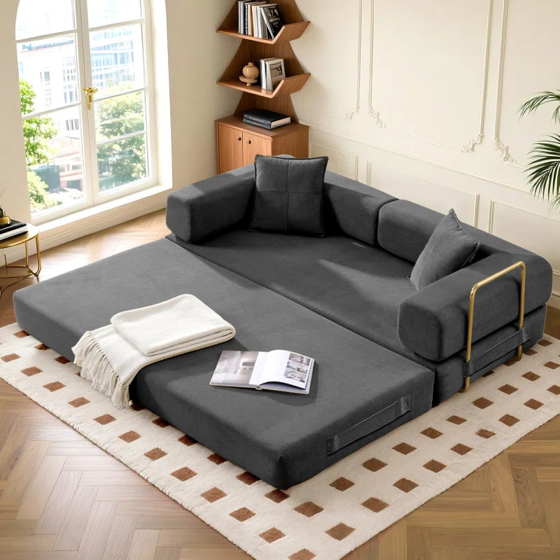 78" King Size Convertible Sleeper Sofa Bed With 2 Pillows, Corduroy Folding Mattress Couch, No Assembly Required , Floor Sofa Lounge Couch For Living Room Small Spaces