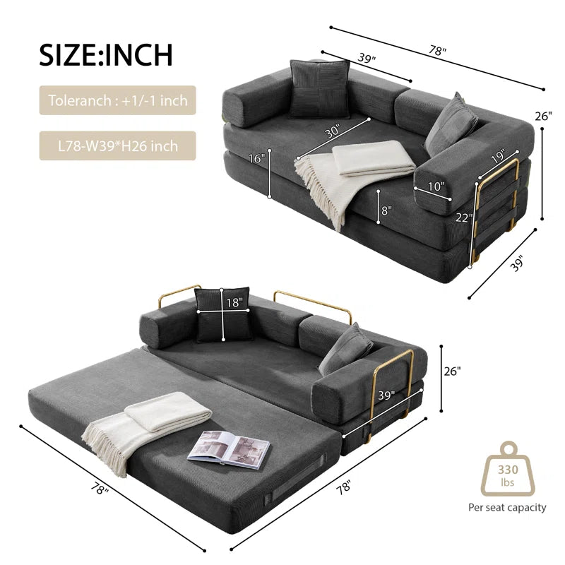 78" King Size Convertible Sleeper Sofa Bed With 2 Pillows, Corduroy Folding Mattress Couch, No Assembly Required , Floor Sofa Lounge Couch For Living Room Small Spaces