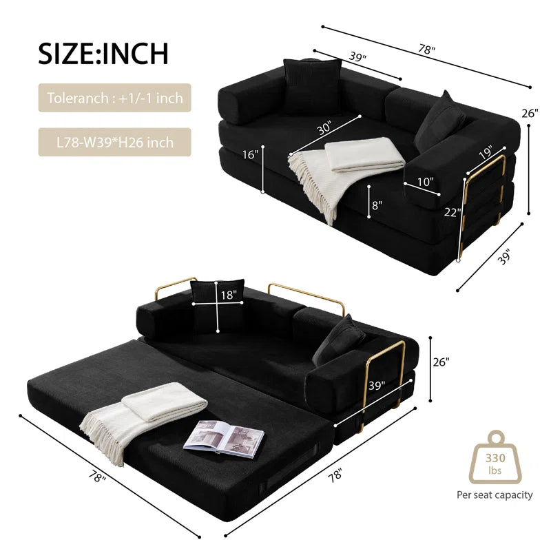 78" King Size Convertible Sleeper Sofa Bed With 2 Pillows, Corduroy Folding Mattress Couch, No Assembly Required , Floor Sofa Lounge Couch For Living Room Small Spaces