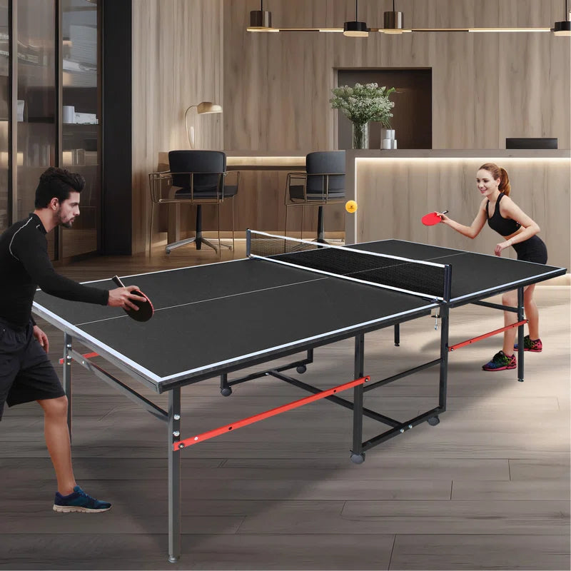 8Ft Black Mid-Size Table Tennis Table Foldable & Portable Ping Pong Table Set For Indoor Games With Net, 2 Table Tennis Paddles And 3 Balls