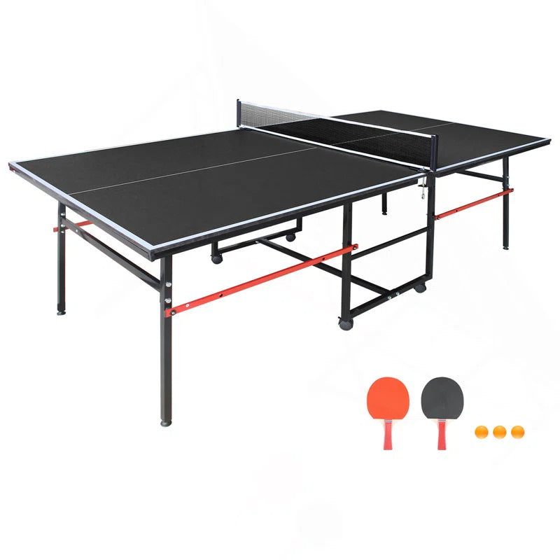 8Ft Black Mid-Size Table Tennis Table Foldable & Portable Ping Pong Table Set For Indoor Games With Net, 2 Table Tennis Paddles And 3 Balls