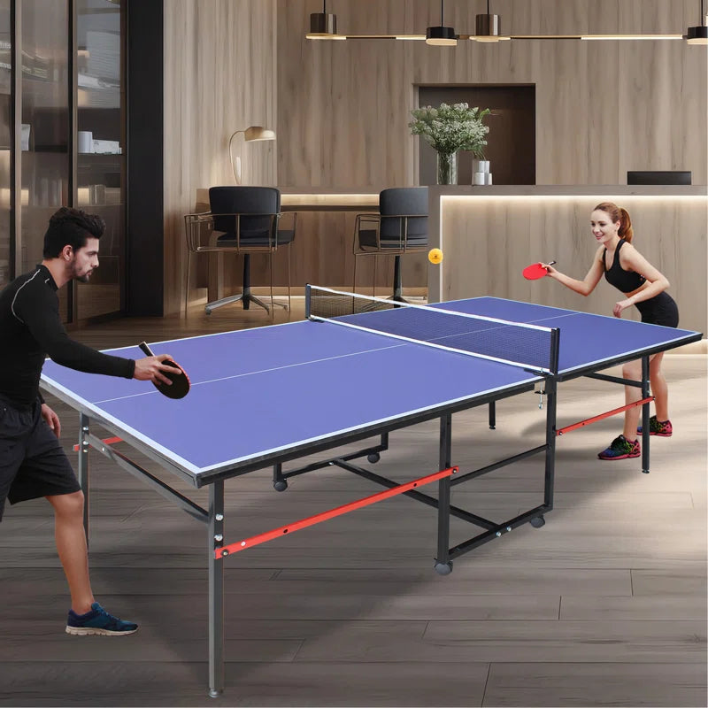 8Ft Black Mid-Size Table Tennis Table Foldable & Portable Ping Pong Table Set For Indoor Games With Net, 2 Table Tennis Paddles And 3 Balls