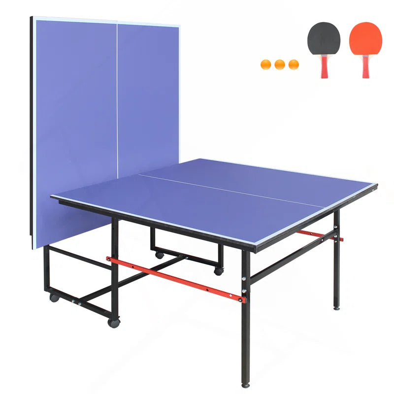 8Ft Black Mid-Size Table Tennis Table Foldable & Portable Ping Pong Table Set For Indoor Games With Net, 2 Table Tennis Paddles And 3 Balls