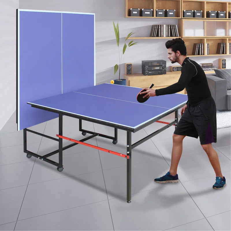 8Ft Black Mid-Size Table Tennis Table Foldable & Portable Ping Pong Table Set For Indoor Games With Net, 2 Table Tennis Paddles And 3 Balls