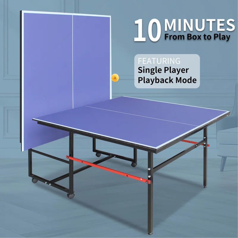 8Ft Black Mid-Size Table Tennis Table Foldable & Portable Ping Pong Table Set For Indoor Games With Net, 2 Table Tennis Paddles And 3 Balls