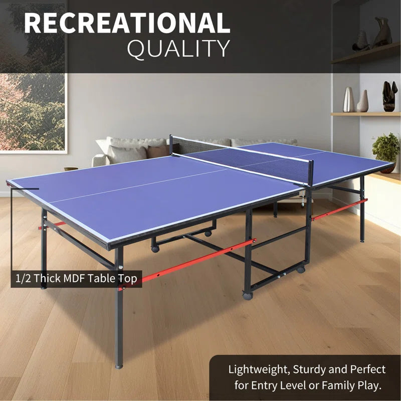 8Ft Black Mid-Size Table Tennis Table Foldable & Portable Ping Pong Table Set For Indoor Games With Net, 2 Table Tennis Paddles And 3 Balls