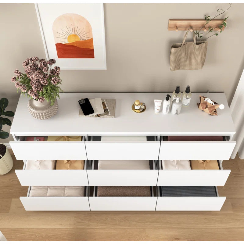 9 Drawer Cabinet For Bedroom, Wide Modern Chest Of Drawers No Handles Design, Wood Storage Dresser For Living Room, Hallway, Entryway