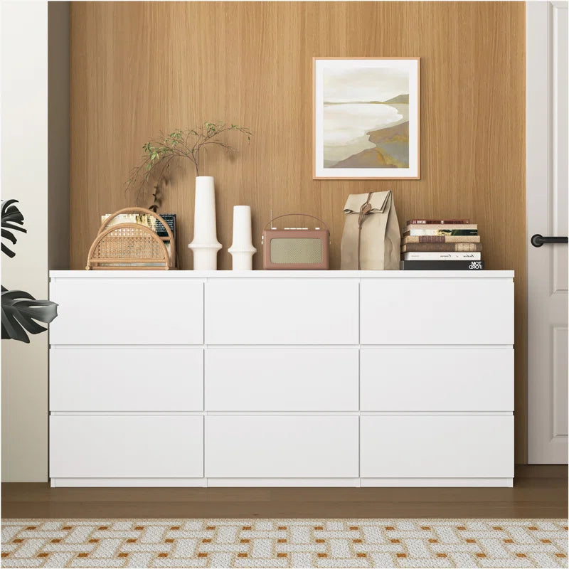 9 Drawer Cabinet For Bedroom, Wide Modern Chest Of Drawers No Handles Design, Wood Storage Dresser For Living Room, Hallway, Entryway