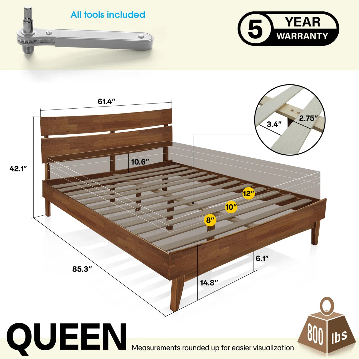 Acacia Aurora Premium Solid Wood Platform Bed Frame and High Headboard, King Bed Frame with Headboard Included, Mid Century Modern Bed with 5 years Warranty