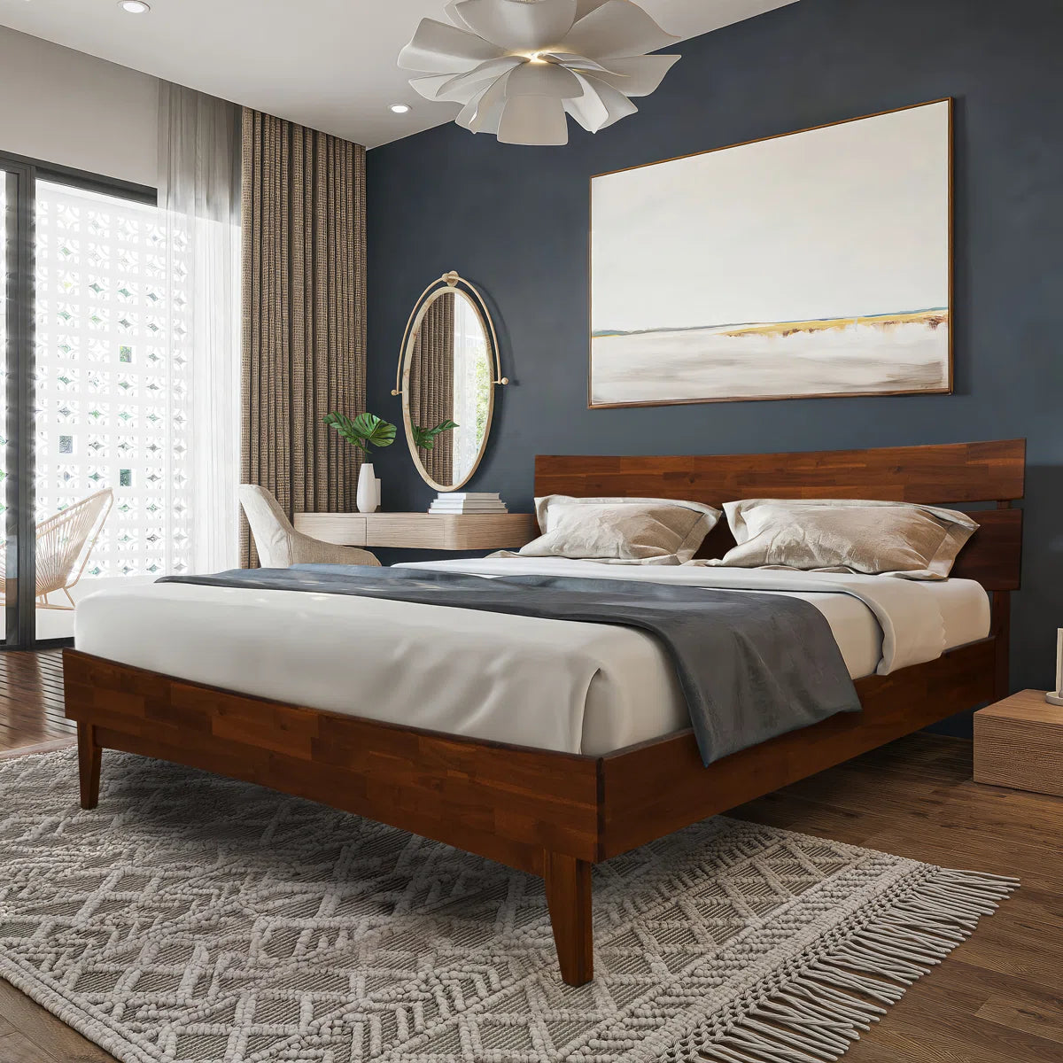 Acacia Aurora Premium Solid Wood Platform Bed Frame and High Headboard, King Bed Frame with Headboard Included, Mid Century Modern Bed with 5 years Warranty