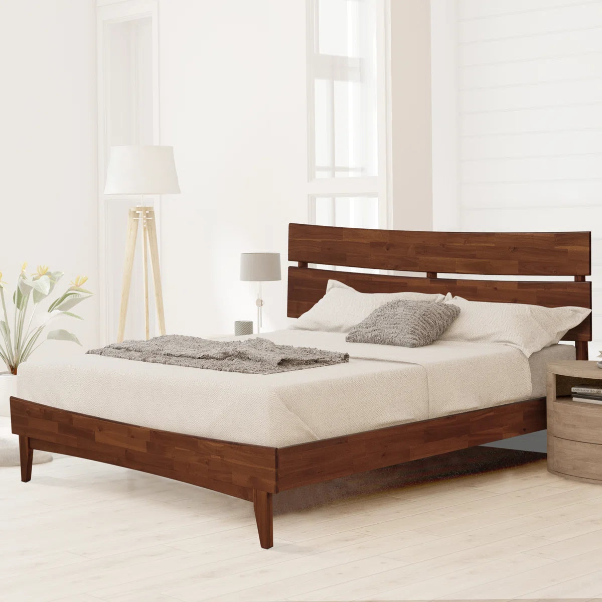 Acacia Aurora Premium Solid Wood Platform Bed Frame and High Headboard, King Bed Frame with Headboard Included, Mid Century Modern Bed with 5 years Warranty