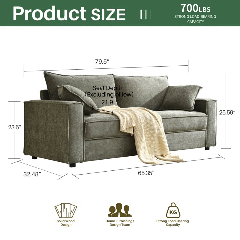 Alcantara 3-Seater 79.5'' Modern Upholstered Sofa with Square Armrests and 2 Throw Pillows