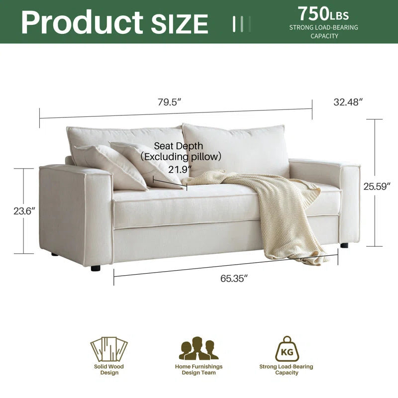 Alcantara 3-Seater 79.5'' Modern Upholstered Sofa with Square Armrests and 2 Throw Pillows