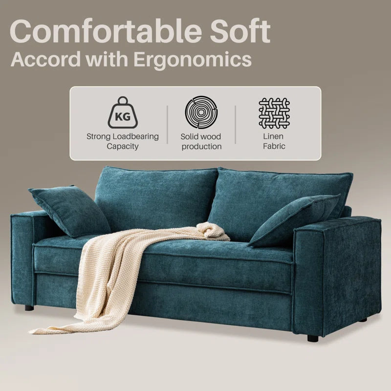Alcantara 3-Seater 79.5'' Modern Upholstered Sofa with Square Armrests and 2 Throw Pillows