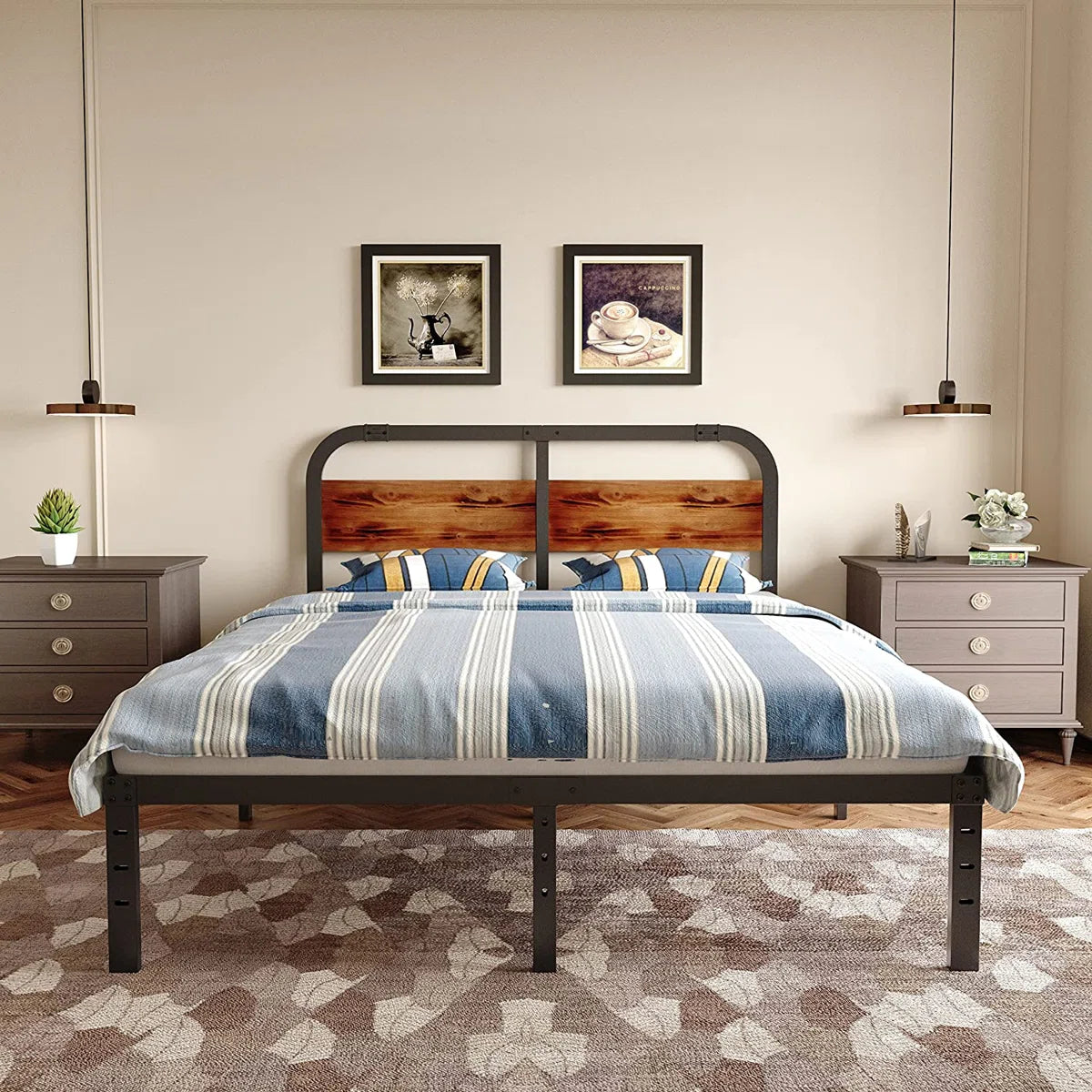 Amylia Heavy Duty Anti-Sway 14-Inch Steel Tube Iron Bed with Solid Wood Panel 40'' Headboard