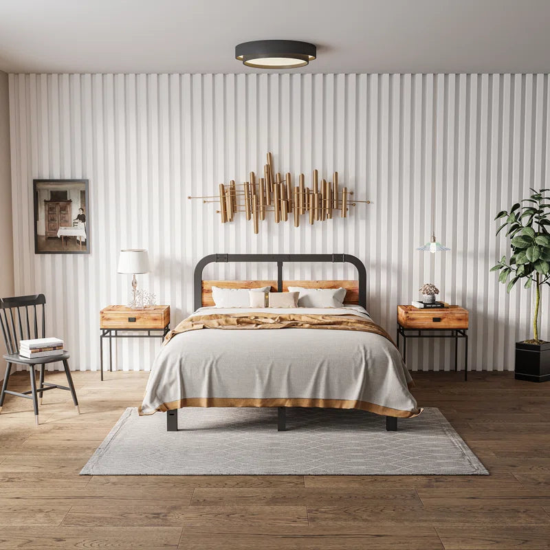 Amylia Heavy Duty Anti-Sway 14-Inch Steel Tube Iron Bed with Solid Wood Panel 40'' Headboard