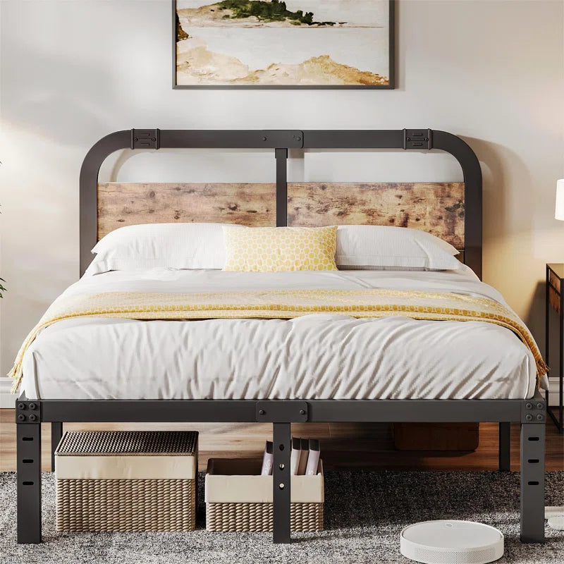 Amylia Heavy Duty Anti-Sway 14-Inch Steel Tube Iron Bed with Solid Wood Panel 40'' Headboard