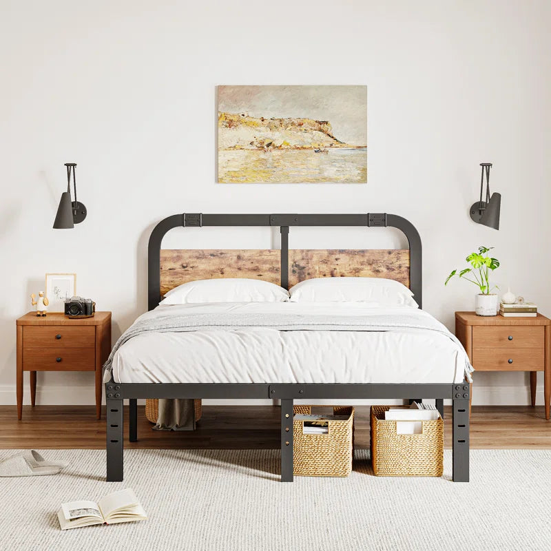 Amylia Heavy Duty Anti-Sway 14-Inch Steel Tube Iron Bed with Solid Wood Panel 40'' Headboard