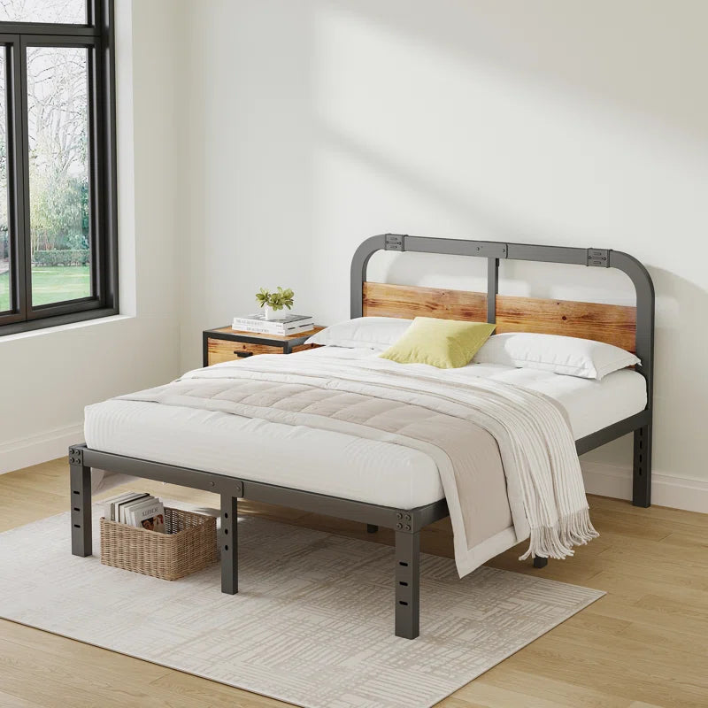 Amylia Heavy Duty Anti-Sway 14-Inch Steel Tube Iron Bed with Solid Wood Panel 40'' Headboard