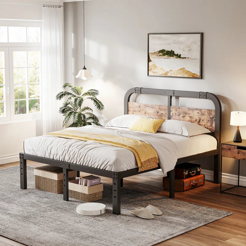 Amylia Heavy Duty Anti-Sway 14-Inch Steel Tube Iron Bed with Solid Wood Panel 40'' Headboard