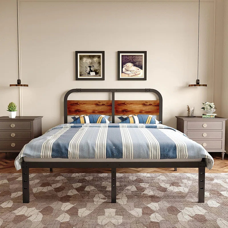 Amylia Heavy Duty Anti-Sway 14-Inch Steel Tube Iron Bed with Solid Wood Panel 40'' Headboard
