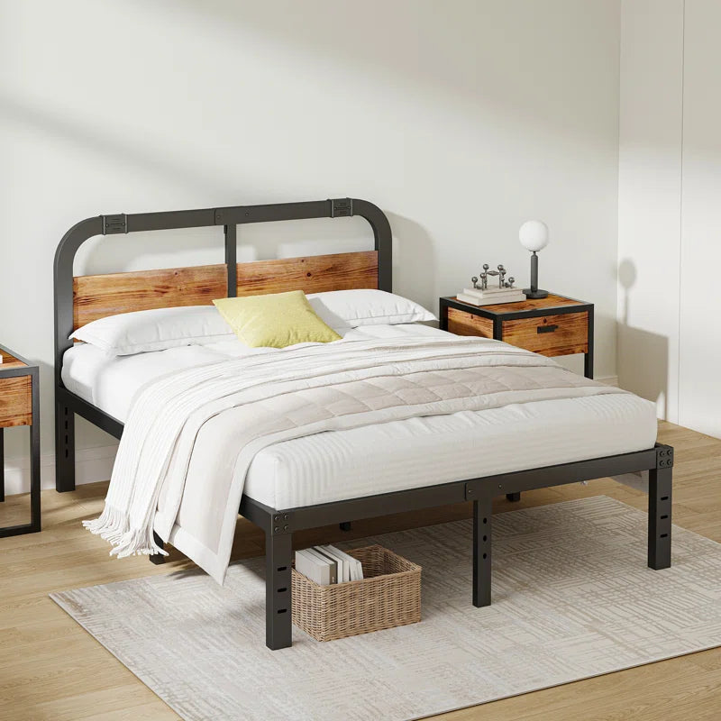 Amylia Heavy Duty Anti-Sway 14-Inch Steel Tube Iron Bed with Solid Wood Panel 40'' Headboard